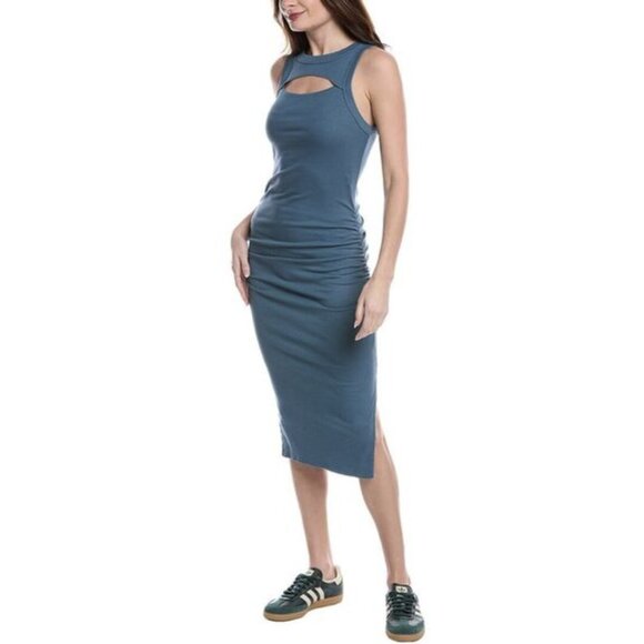 MICHAEL STARS Lucinda Ultra Rib Ribbed Bodycon Ruched Midi Dress in Pebble NWT - Picture 1 of 13